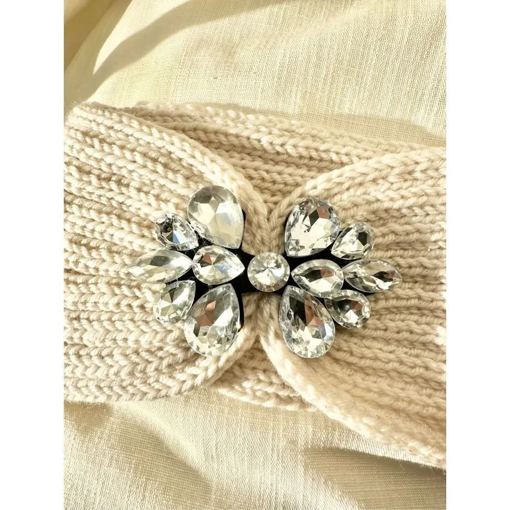 Cream rhinestone cable knit headband